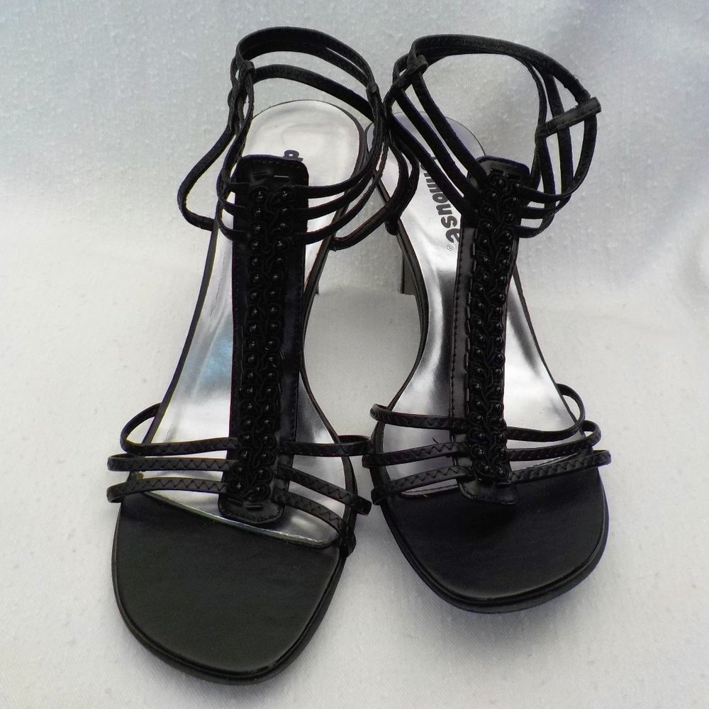 EUC Dollhouse High heeled Sandals Black w/ Beading SZ 8
